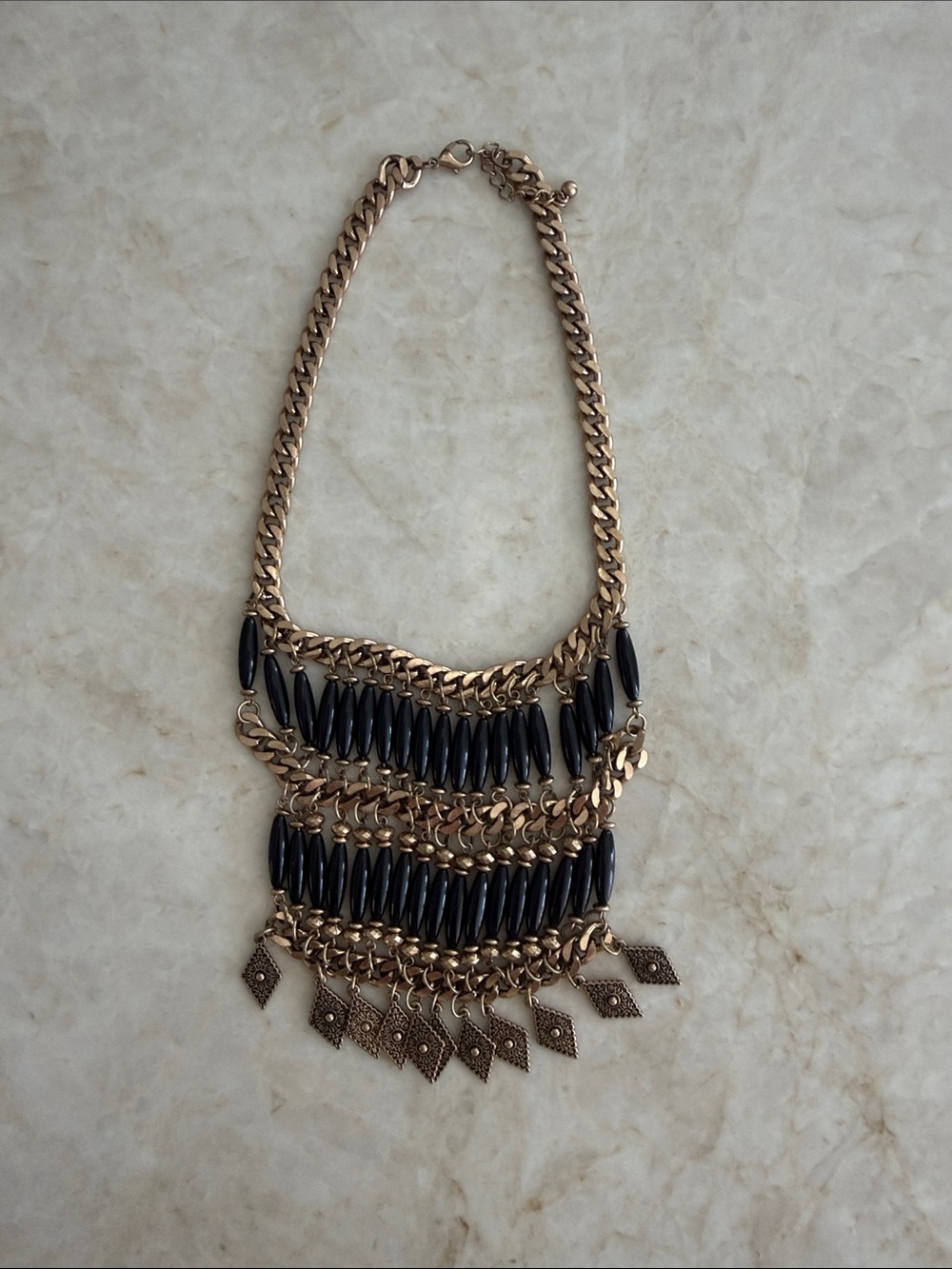 Statement Gold-Tone Necklace with Black Beads